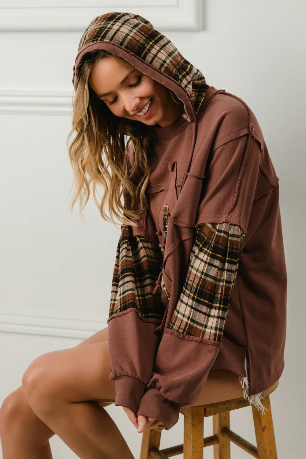 Krissy Plaid Knit Hoodie | Brown