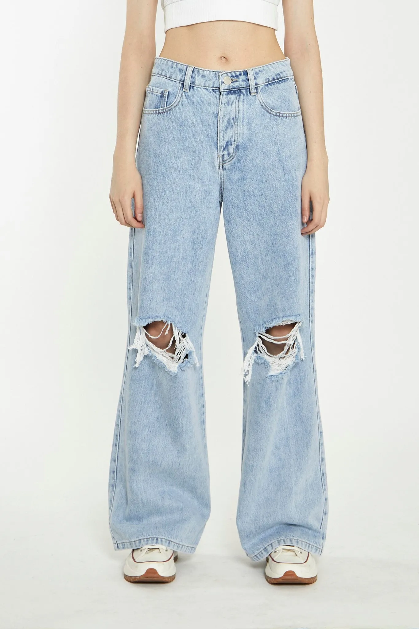 Light Stonewash Wide-Leg Ripped Jeans