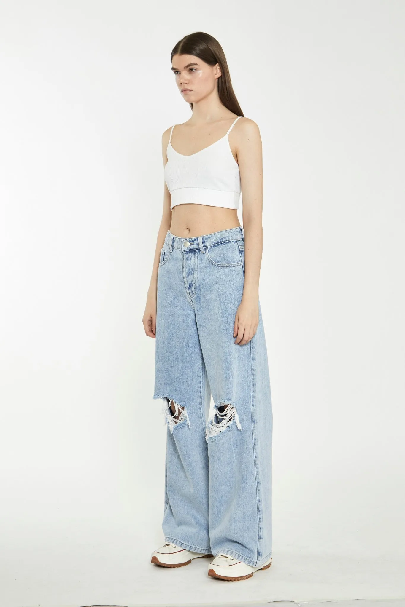 Light Stonewash Wide-Leg Ripped Jeans