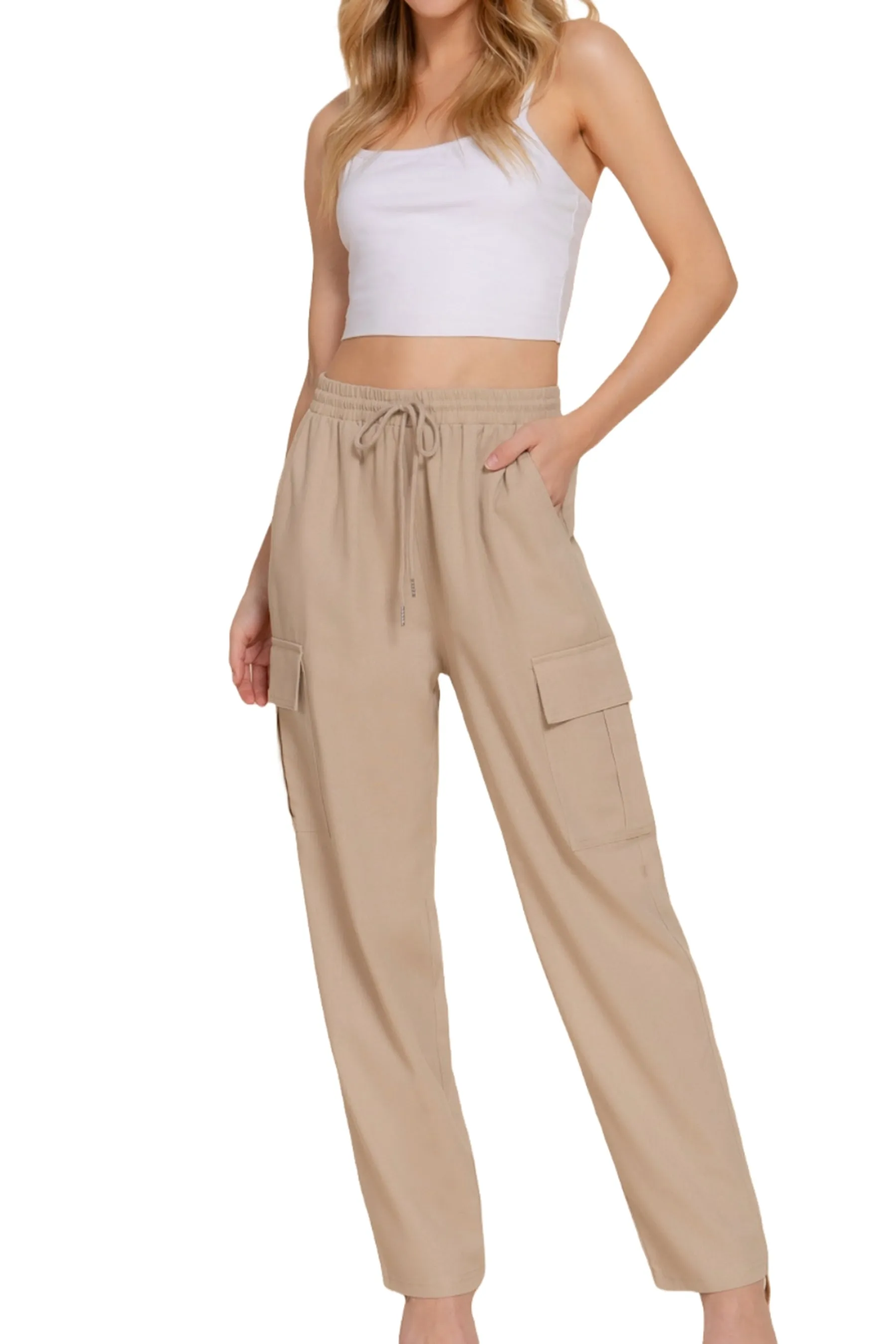 Lightweight Linen Pants Smocked Waistband Cargo Style with Pockets P13424 $14Each