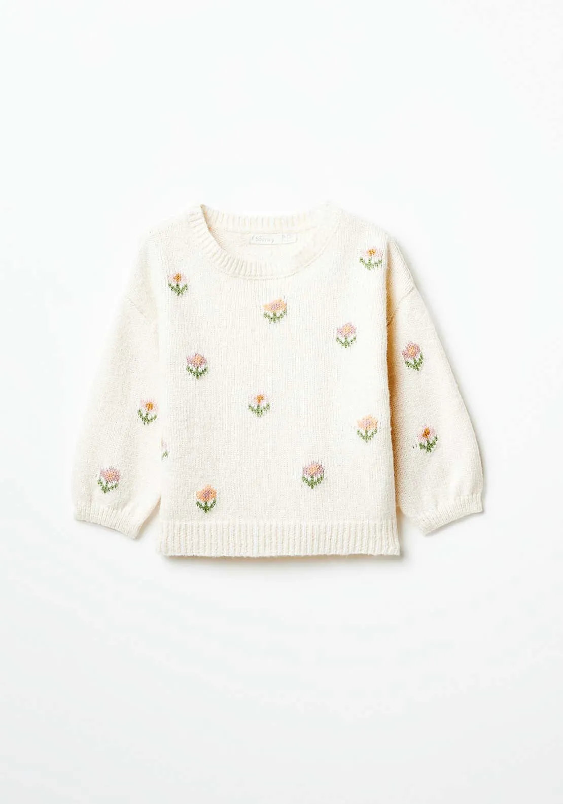 Long Sleeve Floral  Sweatshirt - Ecru