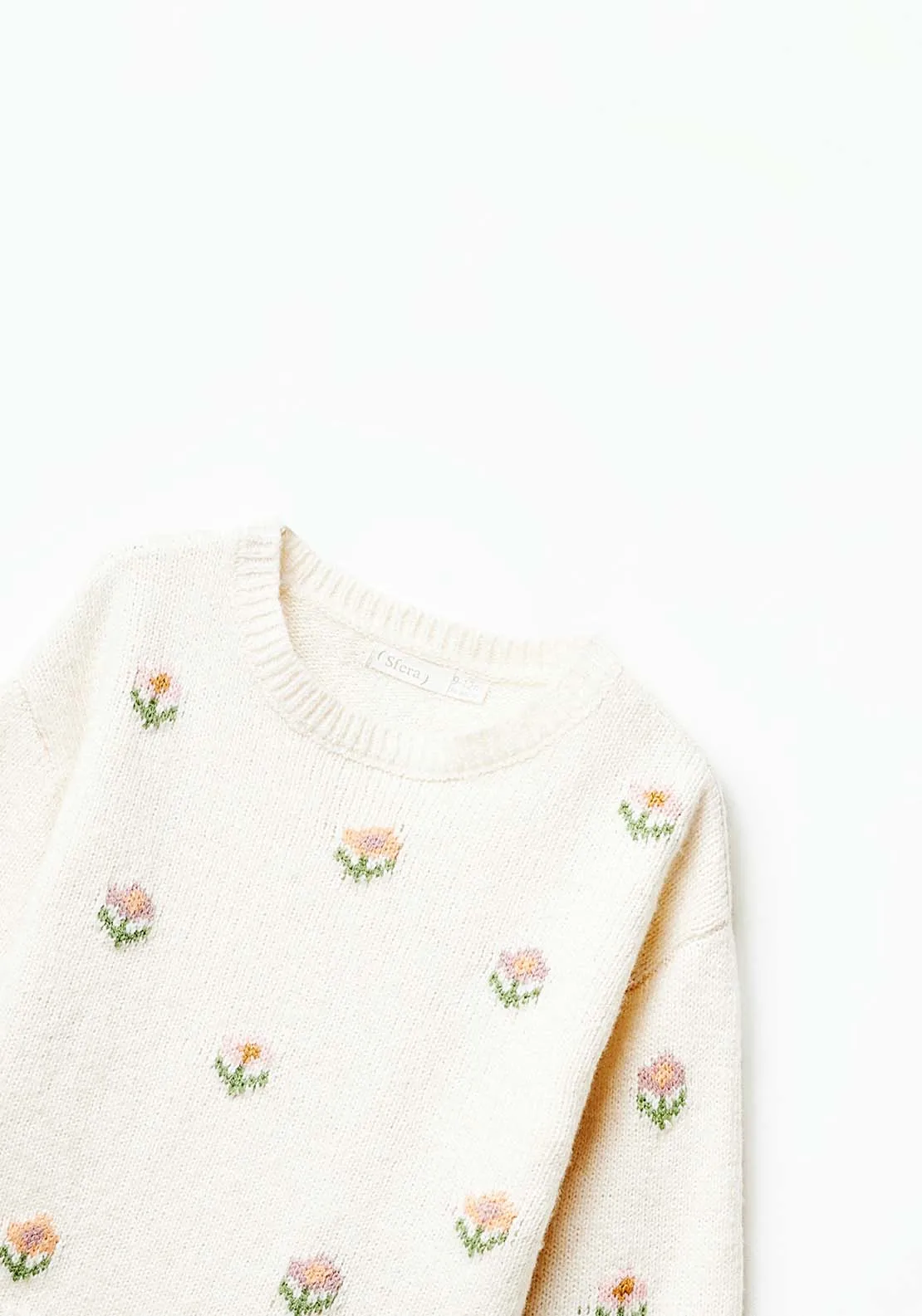 Long Sleeve Floral  Sweatshirt - Ecru