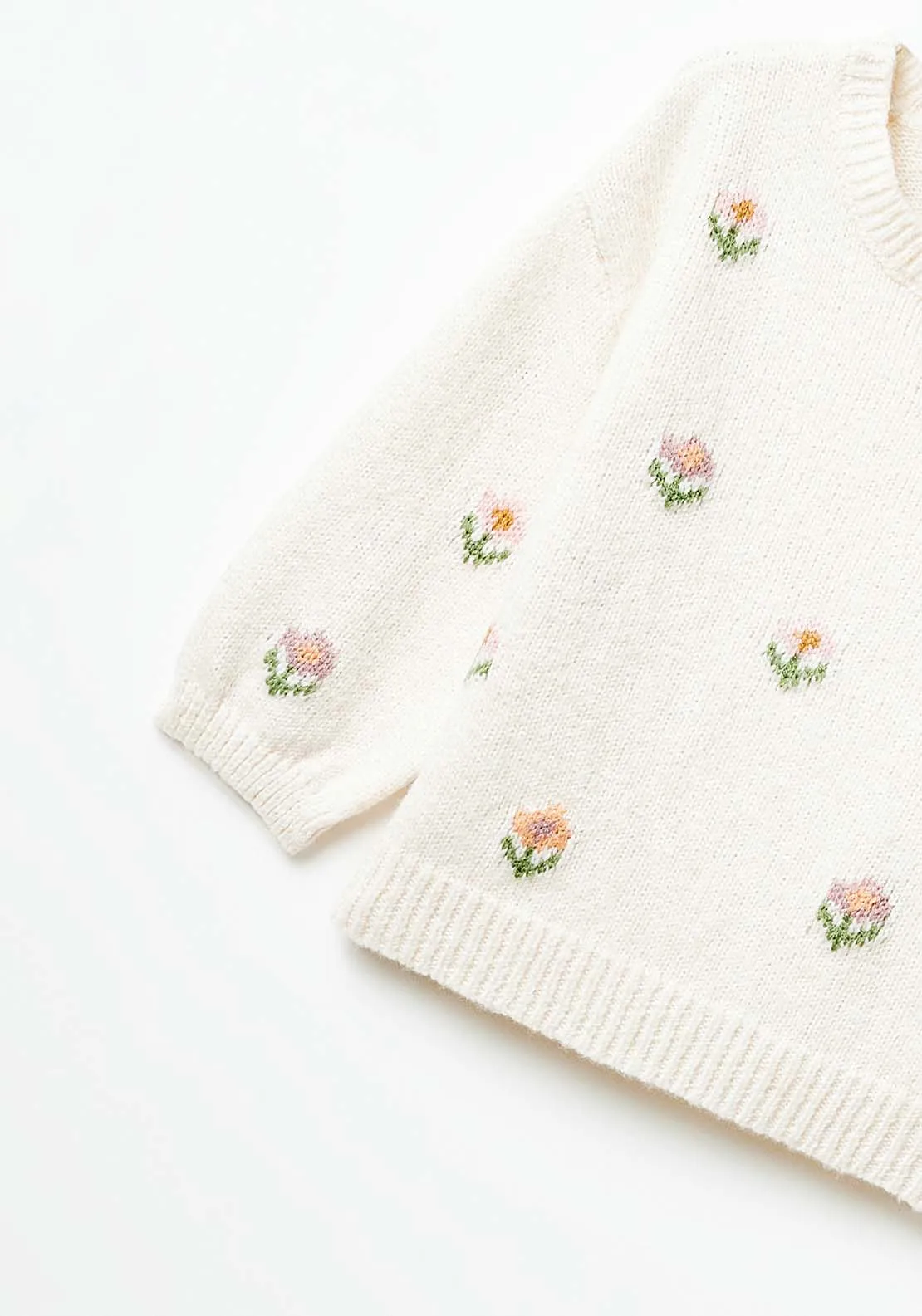 Long Sleeve Floral  Sweatshirt - Ecru