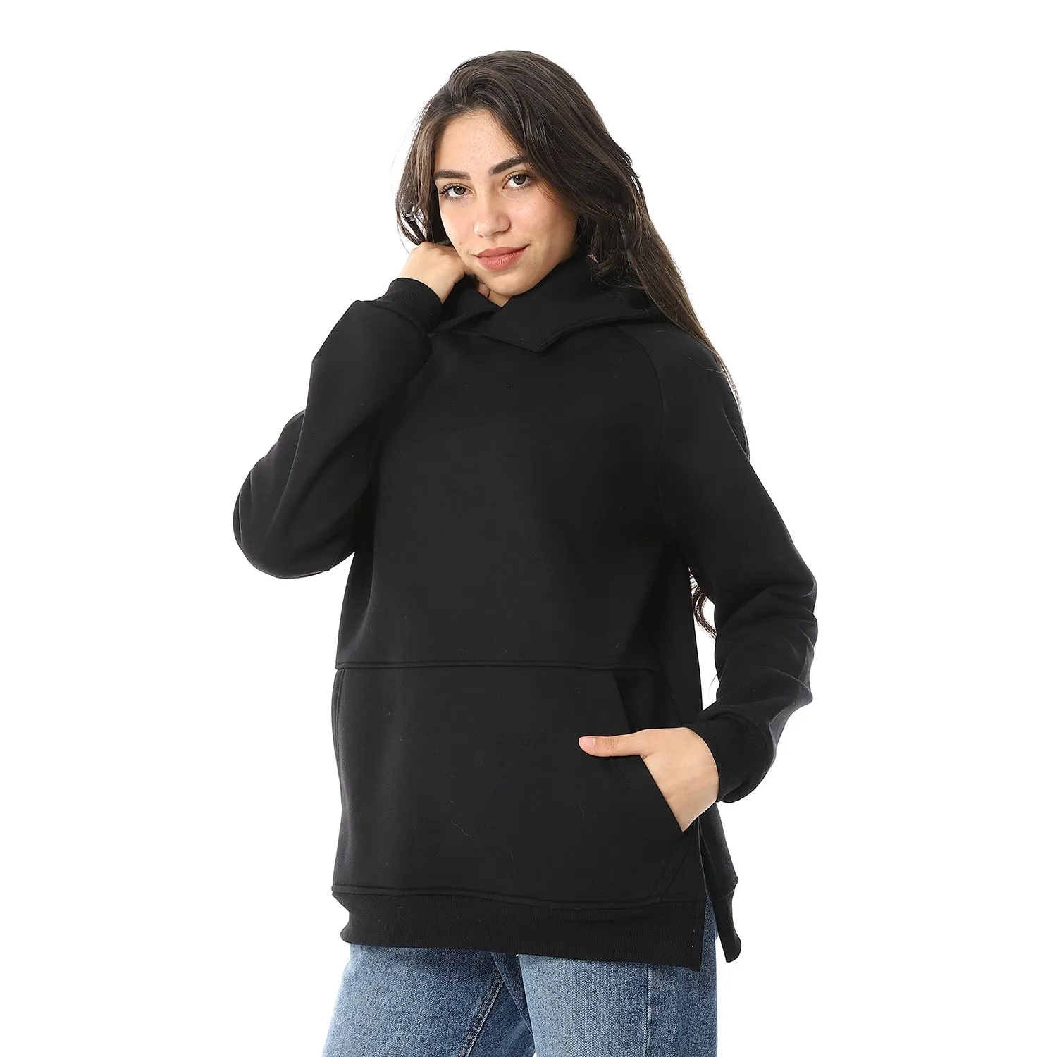 Long Sleeves Slip On Fleeced Plain Hoodie - Black