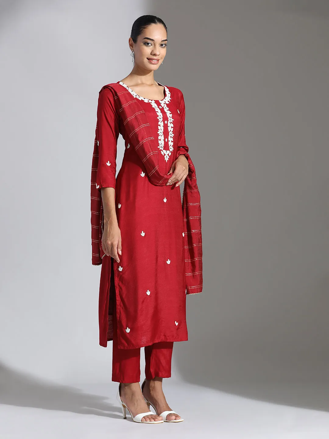 Maroon Festive Silk Beadwork Embroidered Suit Set