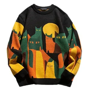 Men's Cozy Cat Print Crew Neck Knitted Sweater | Oversize