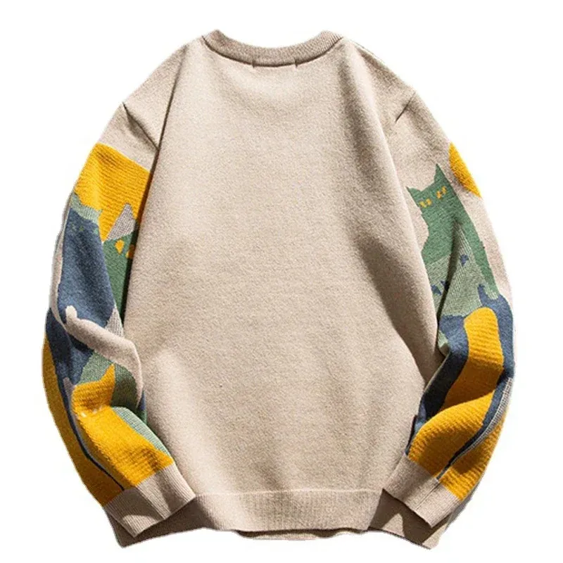 Men's Cozy Cat Print Crew Neck Knitted Sweater | Oversize