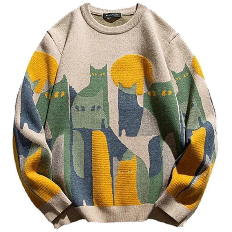 Men's Cozy Cat Print Crew Neck Knitted Sweater | Oversize