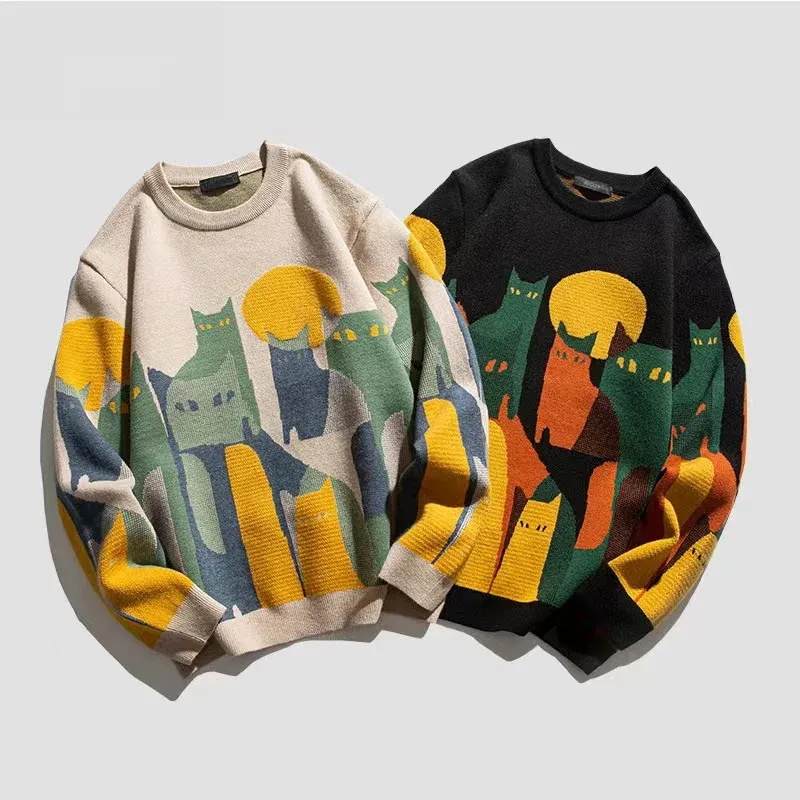 Men's Cozy Cat Print Crew Neck Knitted Sweater | Oversize