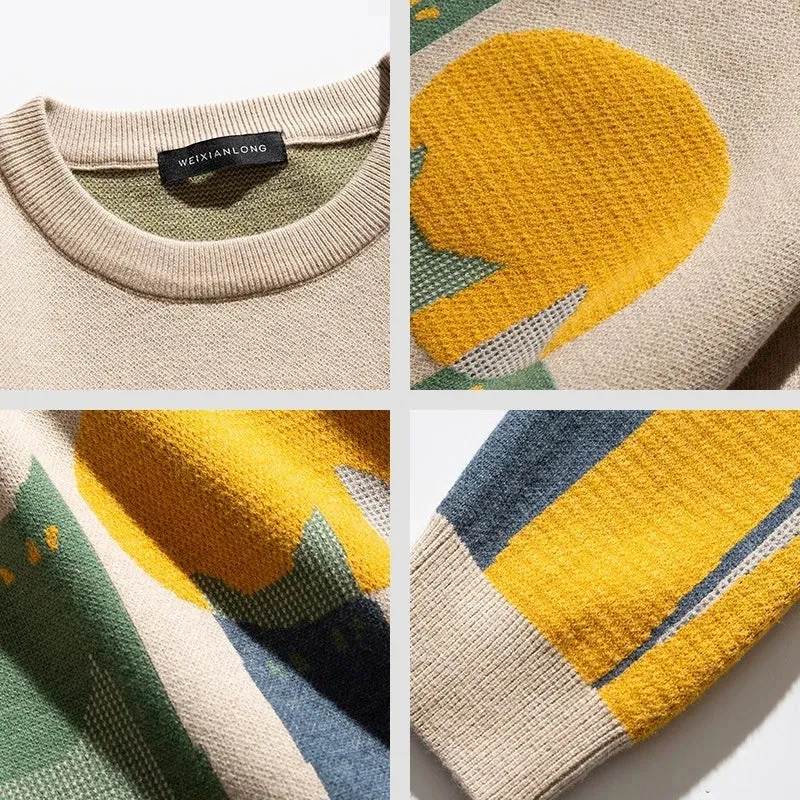 Men's Cozy Cat Print Crew Neck Knitted Sweater | Oversize