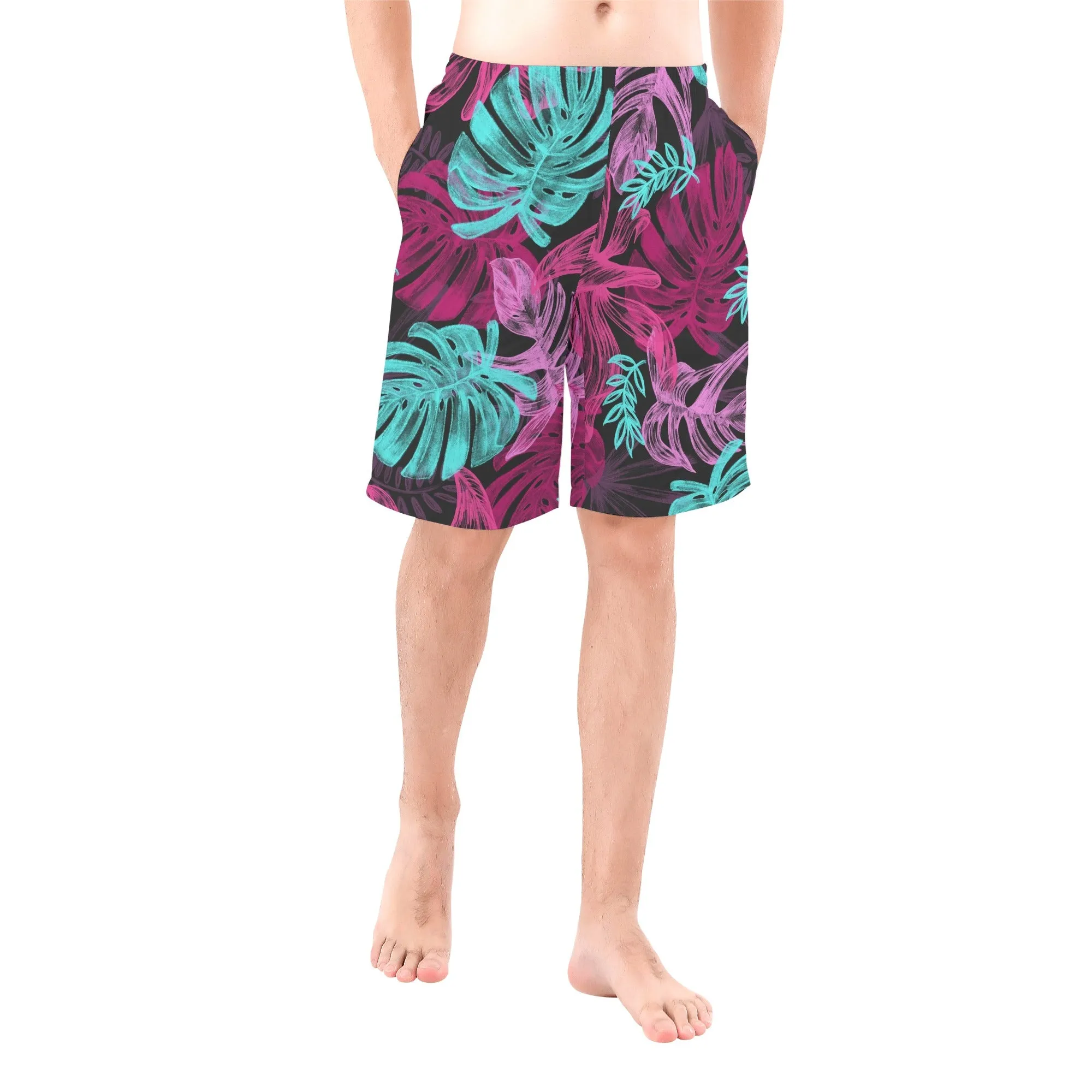 Men's Pink & Teal Monstera Leaves Board Shorts