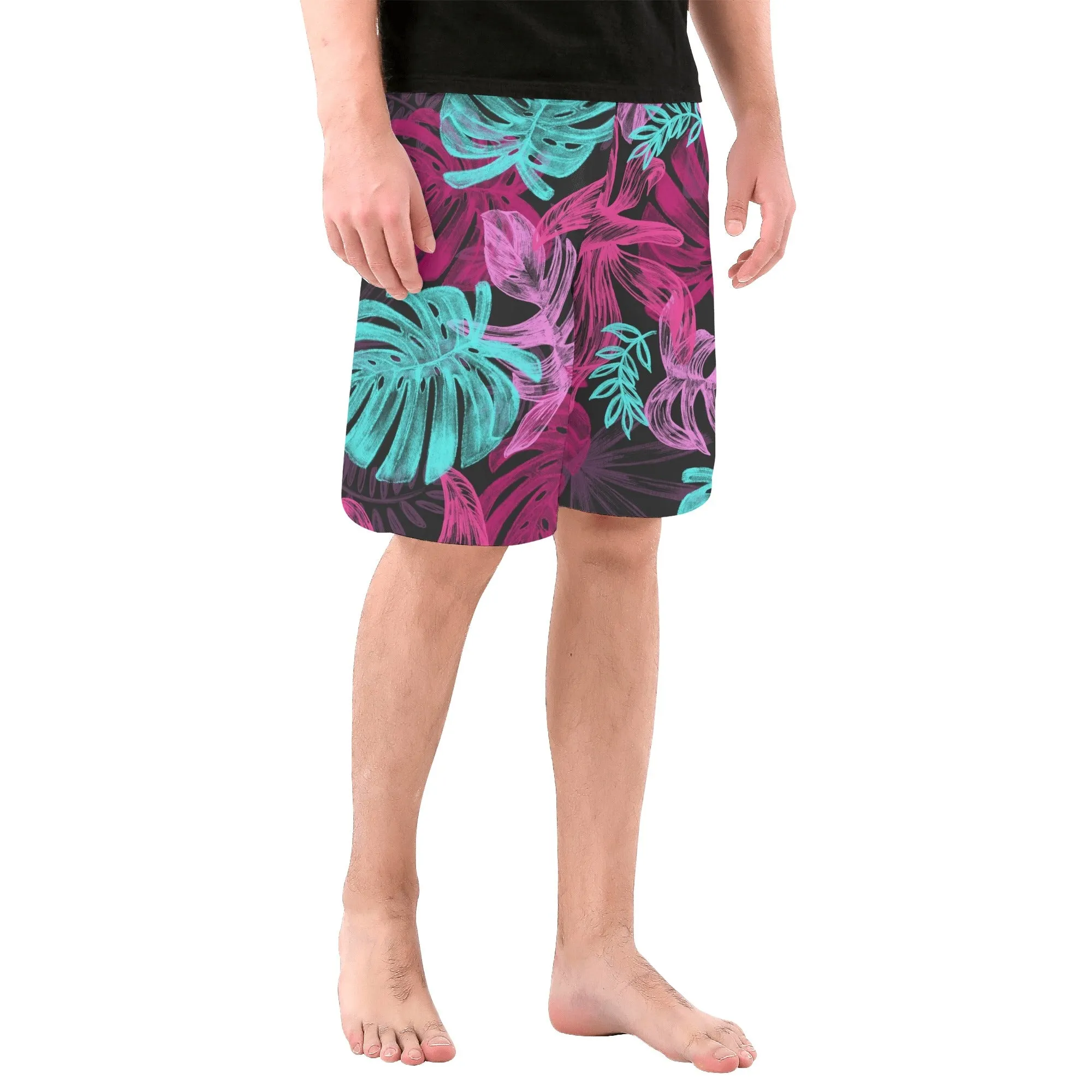 Men's Pink & Teal Monstera Leaves Board Shorts