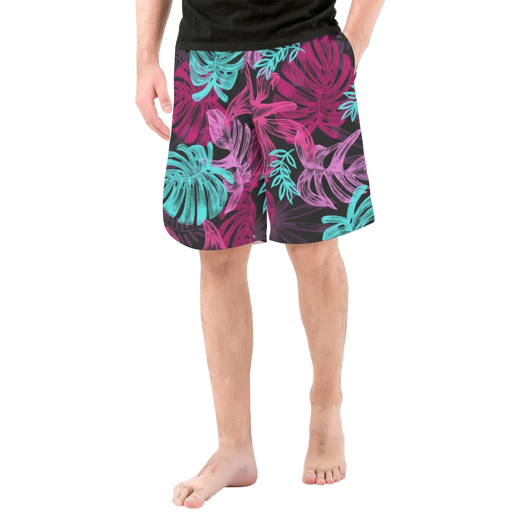 Men's Pink & Teal Monstera Leaves Board Shorts