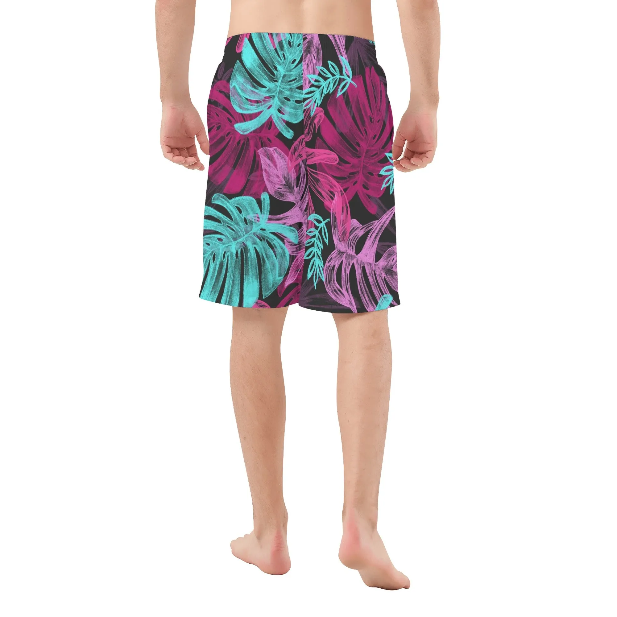 Men's Pink & Teal Monstera Leaves Board Shorts