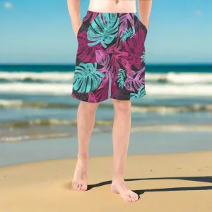 Men's Pink & Teal Monstera Leaves Board Shorts