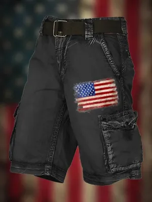 Men's Vintage Flag Independence Day Multi-Pocket Print Cargo Shorts (Belt Not Included)