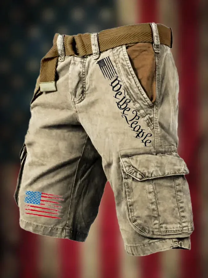 Men's Vintage Flag Independence Day Multi-Pocket Print Cargo Shorts (Belt Not Included)