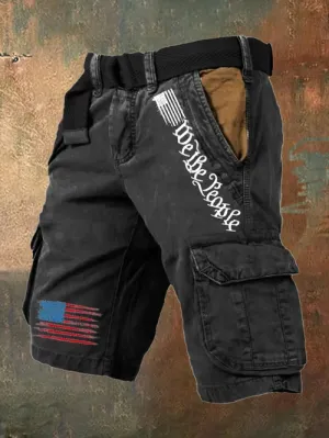 Men's Vintage Flag Independence Day Multi-Pocket Print Cargo Shorts (Belt Not Included)