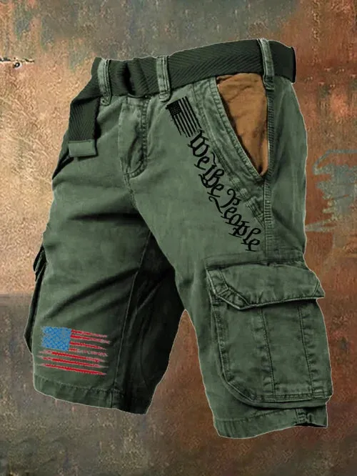 Men's Vintage Flag Independence Day Multi-Pocket Print Cargo Shorts (Belt Not Included)