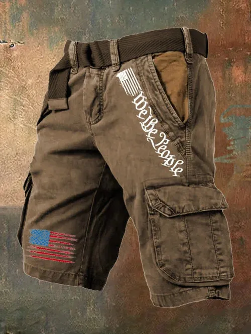 Men's Vintage Flag Independence Day Multi-Pocket Print Cargo Shorts (Belt Not Included)