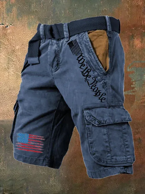 Men's Vintage Flag Independence Day Multi-Pocket Print Cargo Shorts (Belt Not Included)