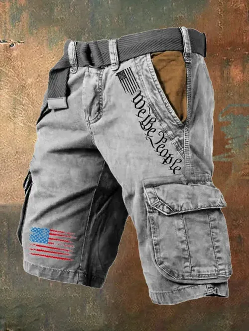Men's Vintage Flag Independence Day Multi-Pocket Print Cargo Shorts (Belt Not Included)