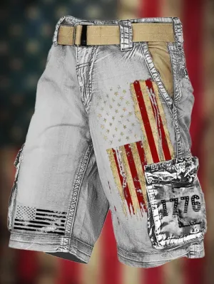 Men's Vintage Flag Independence Day Multi-Pocket Print Cargo Shorts(Belt Not Included)