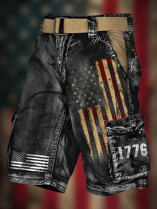 Men's Vintage Flag Independence Day Multi-Pocket Print Cargo Shorts(Belt Not Included)