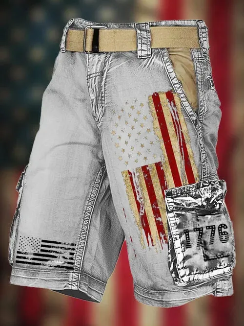 Men's Vintage Flag Independence Day Multi-Pocket Print Cargo Shorts(Belt Not Included)