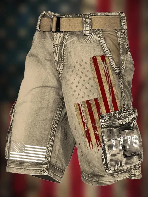 Men's Vintage Flag Independence Day Multi-Pocket Print Cargo Shorts(Belt Not Included)