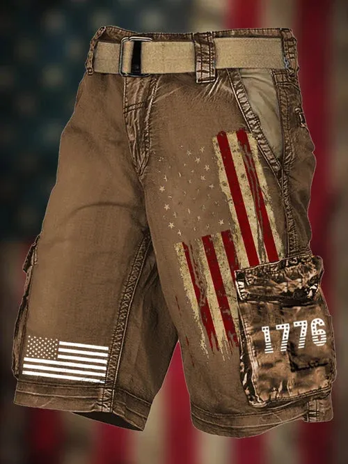 Men's Vintage Flag Independence Day Multi-Pocket Print Cargo Shorts(Belt Not Included)