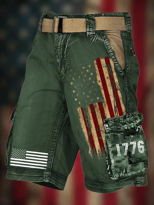 Men's Vintage Flag Independence Day Multi-Pocket Print Cargo Shorts(Belt Not Included)