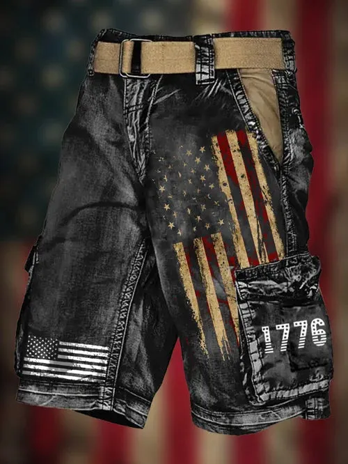 Men's Vintage Flag Independence Day Multi-Pocket Print Cargo Shorts(Belt Not Included)