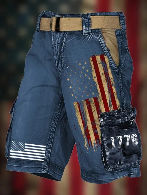 Men's Vintage Flag Independence Day Multi-Pocket Print Cargo Shorts(Belt Not Included)