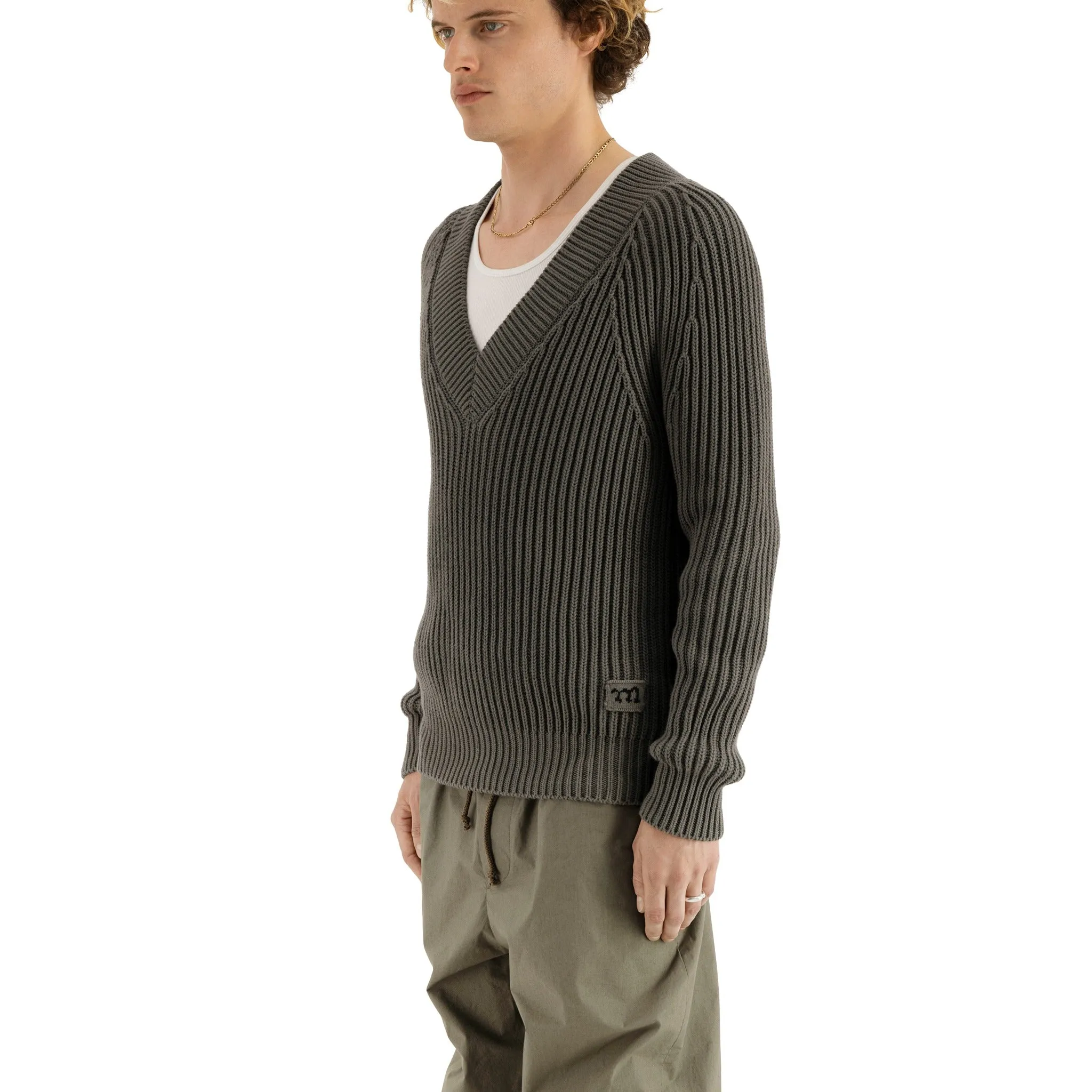 Michel Exaggerated Rib Cotton V Neck Weimaraner Grey
