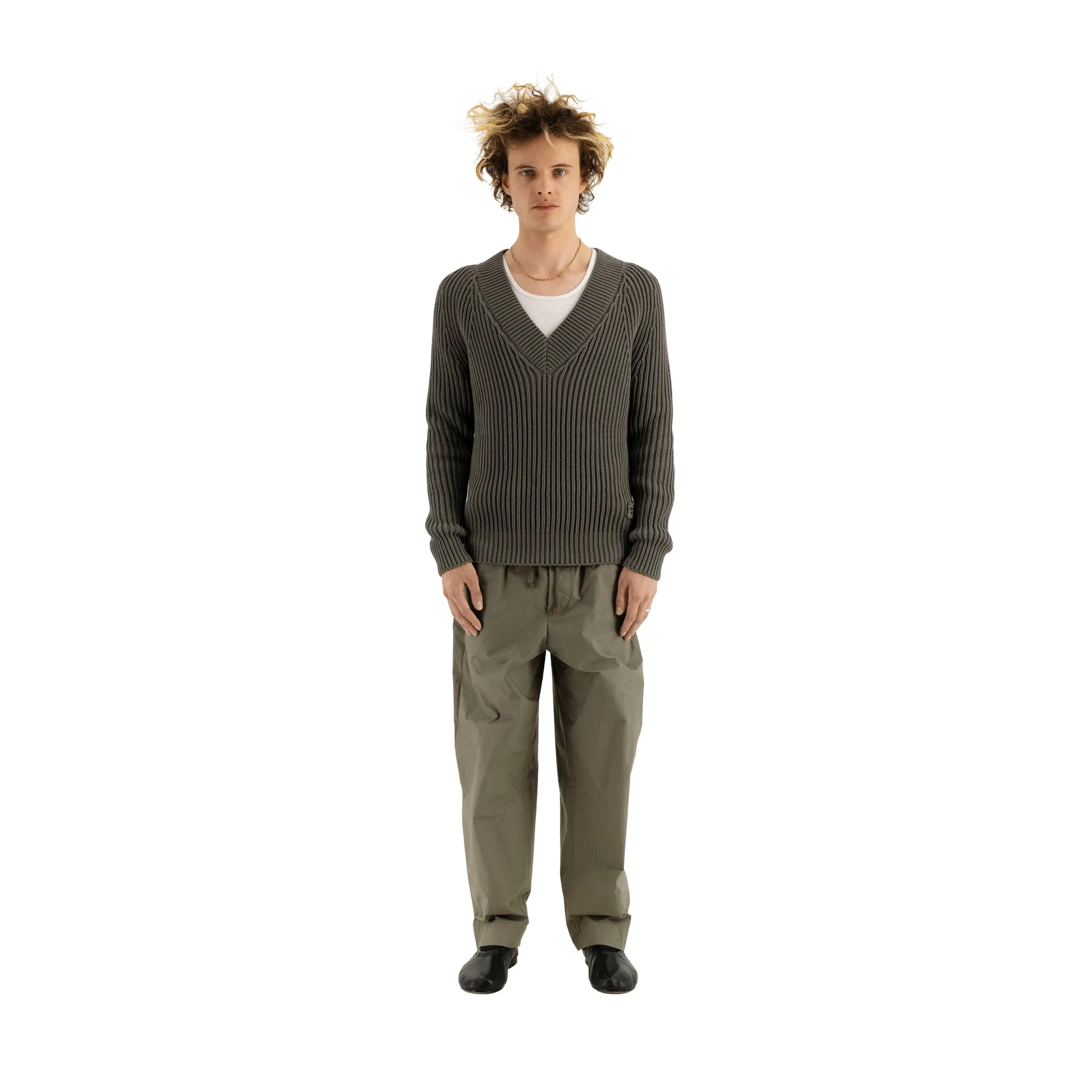 Michel Exaggerated Rib Cotton V Neck Weimaraner Grey