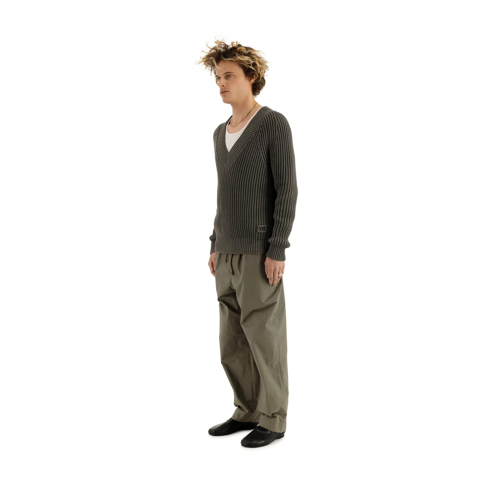 Michel Exaggerated Rib Cotton V Neck Weimaraner Grey