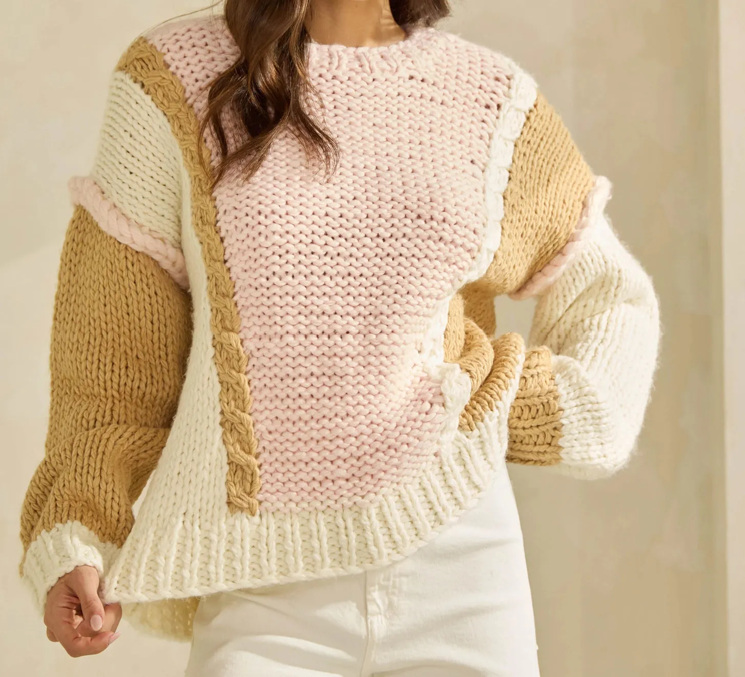 Mocha & Pink Color Block Chunky Sweater