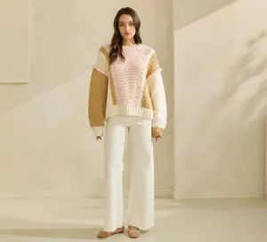 Mocha & Pink Color Block Chunky Sweater