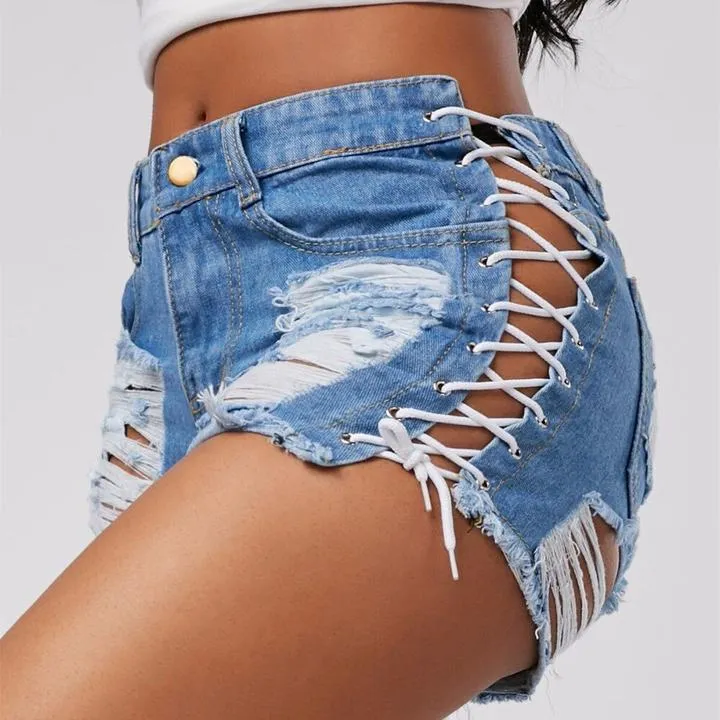 MOLLY - High Waist Ripped Denim Jeans Shorts with Laces