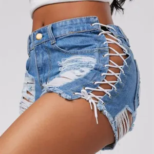 MOLLY - High Waist Ripped Denim Jeans Shorts with Laces