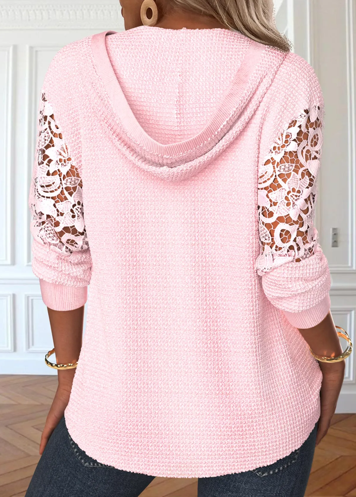 NEW Retails $87, Rosewe Light Pink Long Sleeve Lace Hoodie, Sz XL
