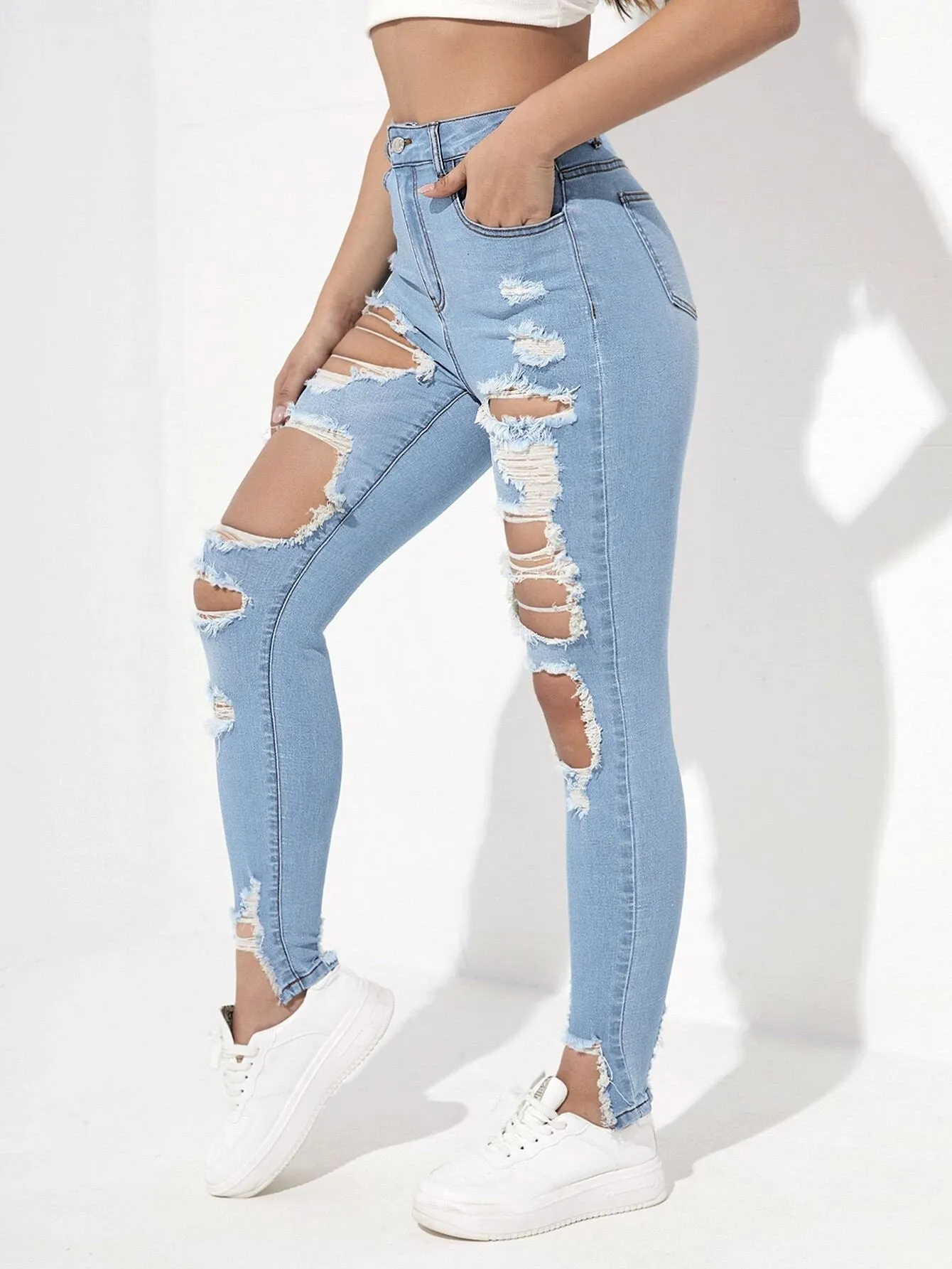 New Shein High Waisted Ripped Raw Hem Cutout Skinny Jeans, Sz M!