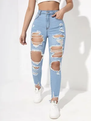 New Shein High Waisted Ripped Raw Hem Cutout Skinny Jeans, Sz M!
