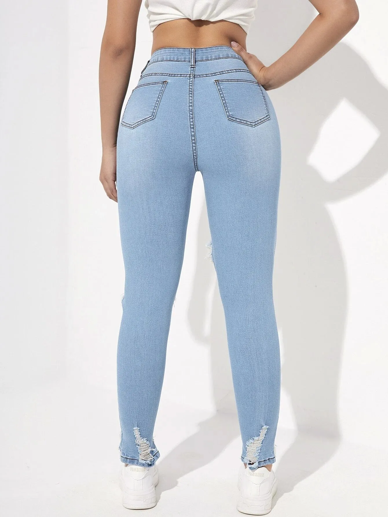 New Shein High Waisted Ripped Raw Hem Cutout Skinny Jeans, Sz M!