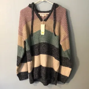 NWT C&amp;C California Marl Striped Chunky Hooded V-Neck Sweater