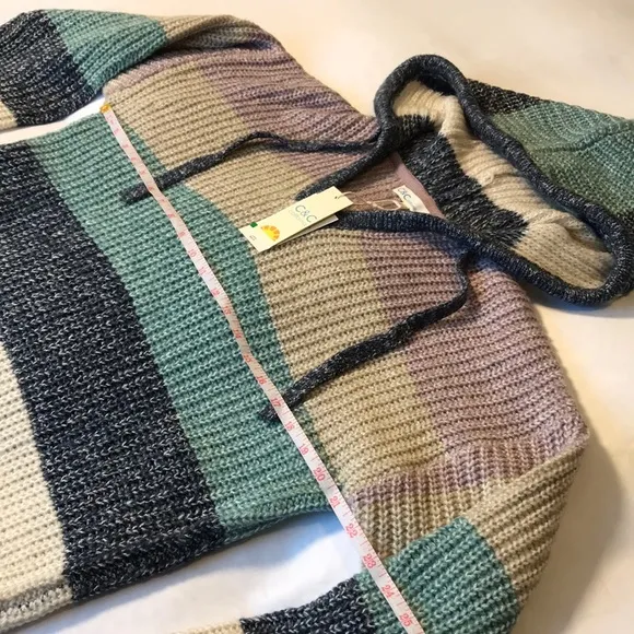 NWT C&amp;C California Marl Striped Chunky Hooded V-Neck Sweater