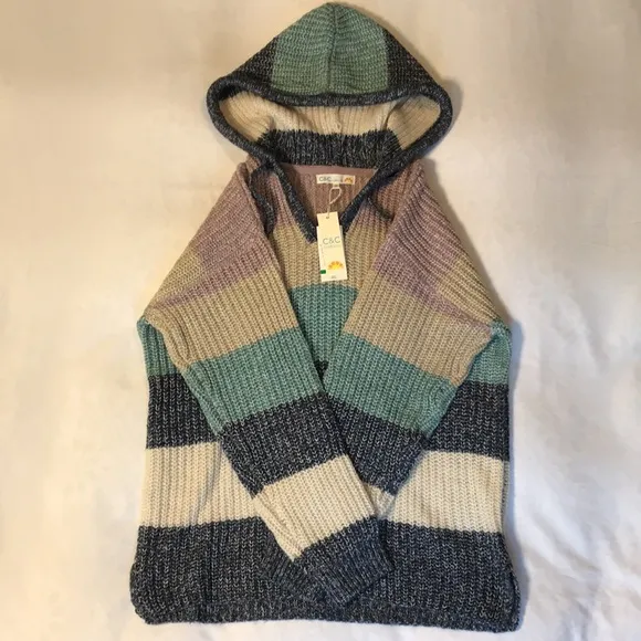 NWT C&amp;C California Marl Striped Chunky Hooded V-Neck Sweater