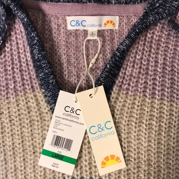 NWT C&amp;C California Marl Striped Chunky Hooded V-Neck Sweater