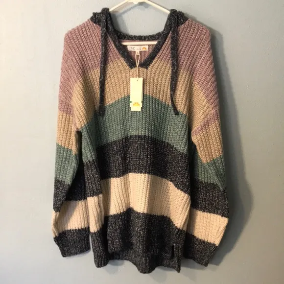 NWT C&amp;C California Marl Striped Chunky Hooded V-Neck Sweater